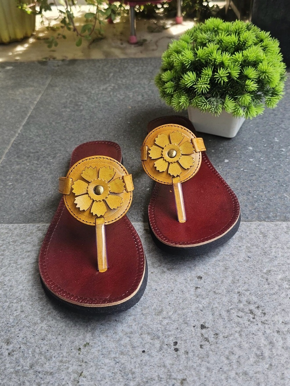 Women leather floral yellow sunflower leather sandals